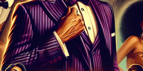 A charismatic male protagonist surrounded by glamorous actresses in a bustling nightlife scene, capturing the allure of the adult film industry.