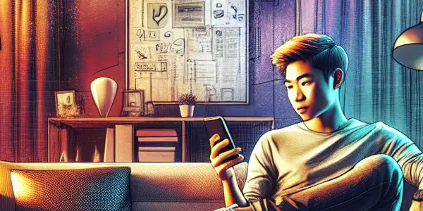 A young adult relaxes in a stylish living room, watching content on their smartphone amidst cozy furnishings.