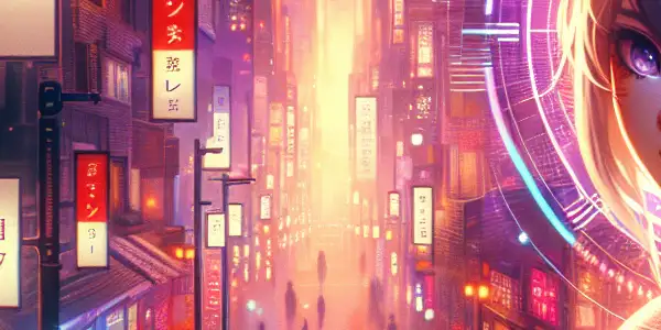 A vibrant urban landscape featuring a flirtatious anime character, neon lights, and hints of eroticism in a playful setting.