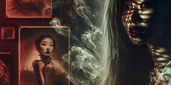 A hauntingly beautiful woman in a dimly lit room filled with ghostly figures and vintage film posters.