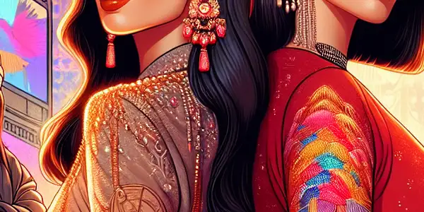 Two confident women inspired by adult film stars, set against a vibrant Hollywood and digital media backdrop.