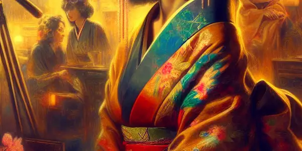 A glamorous actress in a vintage kimono poses in a nostalgic 1980s Japanese film studio, surrounded by filmmaking props.