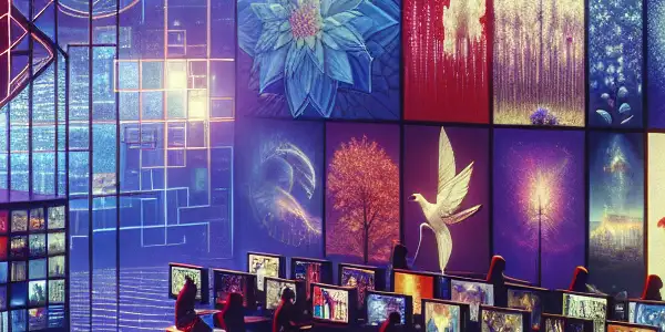 A futuristic digital space showcasing vibrant screens of diverse adult film previews, emphasizing Japanese AV cinema.