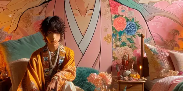 A vibrant fantasy bedroom featuring a playful anime character surrounded by colorful decor and cherry blossom petals.