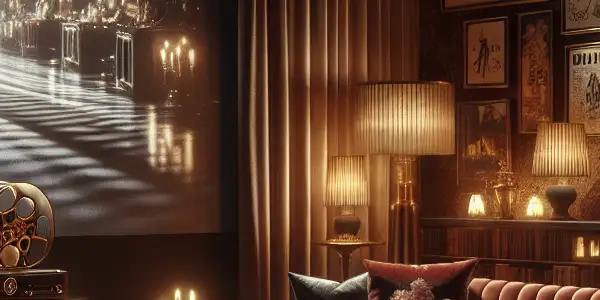 A stylish living room with a vintage projector displaying classic adult film clips, featuring a couple in intimate conversation.