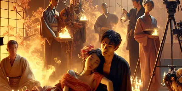 A cinematic scene featuring diverse Japanese and Korean actors in a romantic setting with traditional cultural elements.