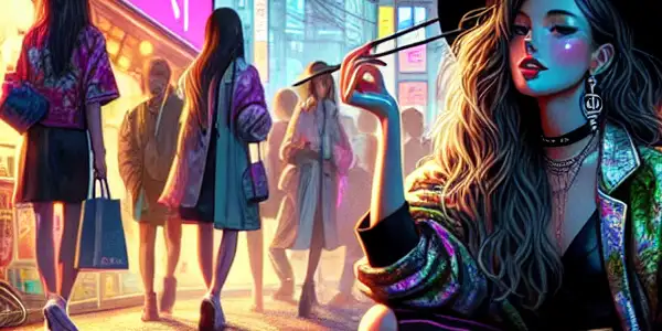 A confident woman in stylish streetwear interacts playfully in a vibrant Japanese urban scene at twilight.