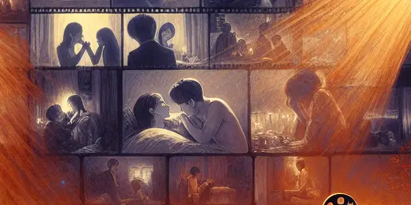 A dimly lit room with a vintage projector, intimate figures, and elegant decor reflecting South Korean erotic cinema.