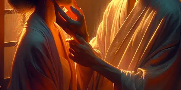 A romantic scene depicting two characters in an intimate setting, expressing love and emotional depth.