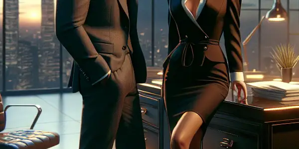 A romantic encounter between a confident female employee and her charismatic male boss in a luxurious office at dusk.<a href=