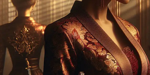 A charming woman in an ornate room conceals a dagger, embodying deception and betrayal amidst a warm yet tense atmosphere.