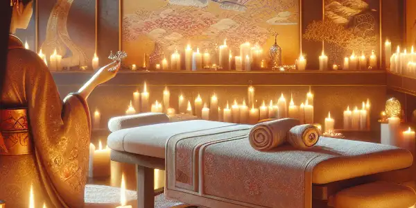 A serene Japanese woman in a luxurious massage room, surrounded by soft textures and inviting ambiance.