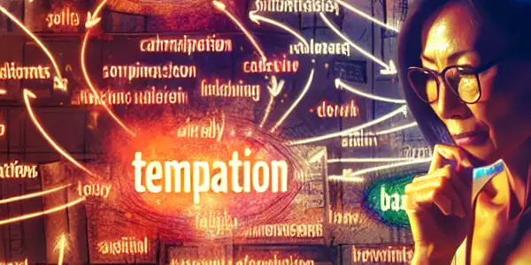 A linguist analyzes adult film scripts in a cozy study, surrounded by colorful emotional connotations and glowing word symbols.