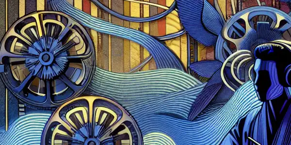 A dimly lit film studio featuring a creative figure with vintage film reels and electronic instruments, embodying avant-garde erotic theory.