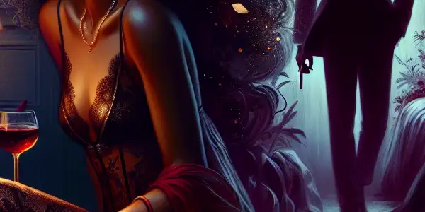 A luxurious bedroom scene featuring a woman in lingerie, a shadowy man, and symbols of broken relationships.