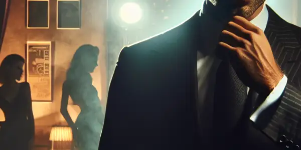 A charismatic businessman in a luxurious office, surrounded by film reels and glamorous silhouettes, exuding mystery and allure.