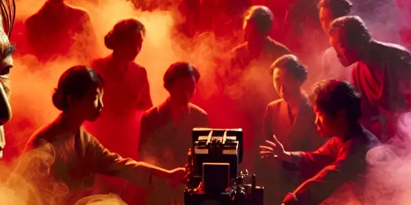 A vibrant film studio scene depicting two actors in an intense emotional exchange, surrounded by passionate hues and cinematic elements.