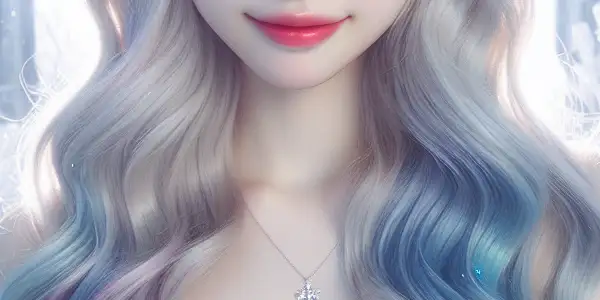 A female character with long white and icy blue hair stands in a dreamy snowy landscape, surrounded by falling snowflakes.