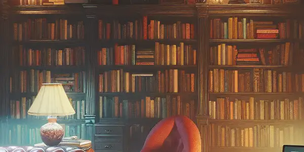 A cozy, dimly lit study filled with books, vintage reading materials, and a warm, inviting atmosphere.