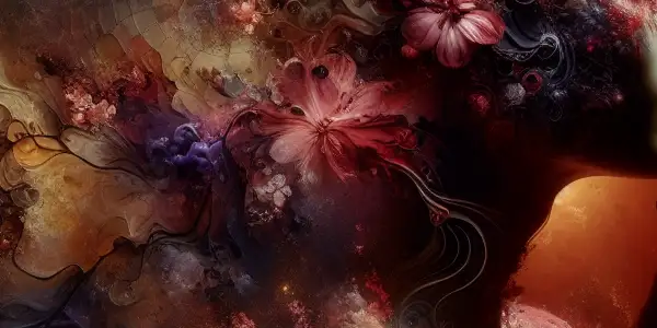 A surreal scene featuring a central character with unconventional beauty, surrounded by abstract shapes and hints of Japanese aesthetics.