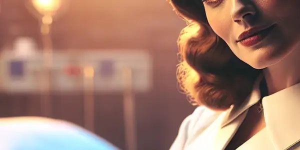 A seductive nurse in a dimly lit hospital room, exuding confidence and allure.