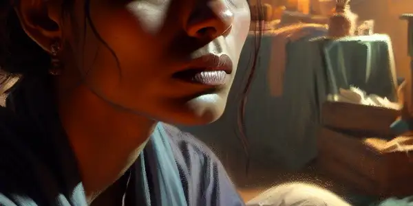 A woman on a dimly lit bed, expressing longing and exhaustion amidst a cluttered, emotionally charged room.