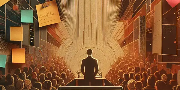 A creative writing space for Japanese AV film descriptions, featuring a stylish desk, notes, and an artistic movie poster.