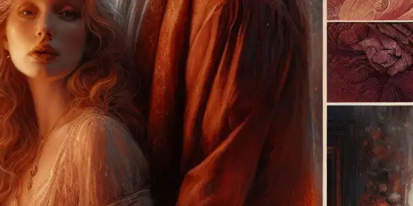 A cozy, romantic scene of two characters sharing an intimate moment in a softly lit room.