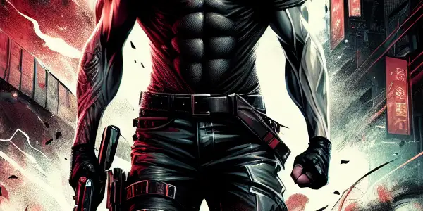 A charismatic hero in an urban warfare scene, embodying strength and allure amidst explosions and dynamic combat.