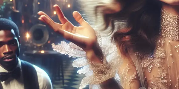 A charming woman and a suave man express passion and elegance in a warmly lit, luxurious room.