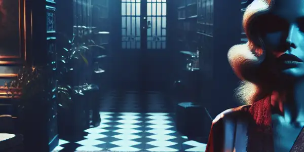 A mysterious female author in a dimly lit room, holding wine, amidst suspenseful crime scene elements.